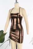 Brownness Sexy Solid Draw String Frenulum Backless Spaghetti Strap Sleeveless Dress Dresses