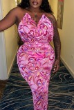 Pink Sexy Casual Print Backless V Neck Long Dress Dresses