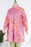 Red Casual Print Patchwork Buckle Turndown Collar Shirt Dress Dresses