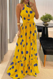 Yellow Casual Sweet Print Polka Dot Patchwork Backless Halter Straight Dresses