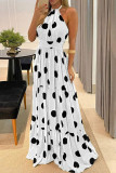 Coffee Casual Sweet Print Polka Dot Patchwork Backless Halter Straight Dresses