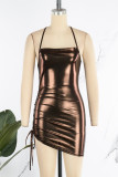 Brownness Sexy Solid Draw String Frenulum Backless Spaghetti Strap Sleeveless Dress Dresses