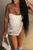 White Sexy Print Backless Slit Strapless Sleeveless Dress Dresses
