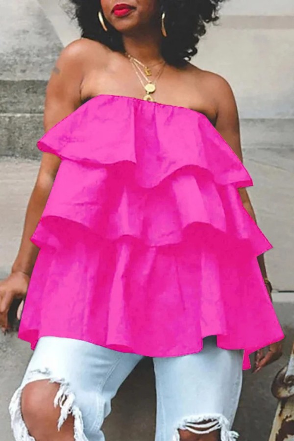 Rose Red Sexy Casual Solid Patchwork Backless Strapless Tops