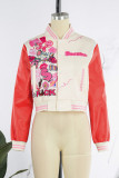 Red White Casual Print Patchwork O Neck Outerwear
