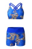 Royal Blue Sexy Print Solid Hollowed Out Backless Three Piece Set (With Paddings)
