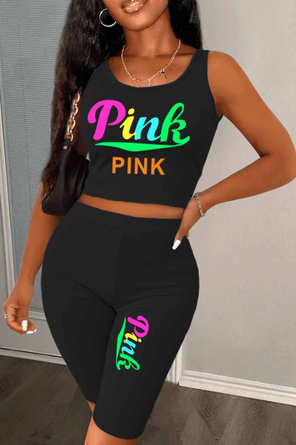 Black Casual Print Letter U Neck Sleeveless Two Pieces