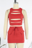 Red Sexy Solid Hollowed Out Patchwork O Neck Sleeveless Two Pieces