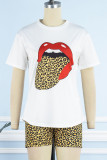Leopard Print Casual Print Camouflage Print Patchwork O Neck Short Sleeve Two Pieces