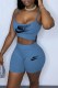 Light Blue Casual Street Print Letter Spaghetti Strap Sleeveless Two Pieces