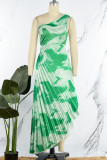 Green Street Print Patchwork Fold Asymmetrical Oblique Collar Straight Dresses