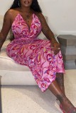 Pink Sexy Casual Print Backless V Neck Long Dress Dresses