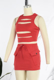 Red Sexy Solid Hollowed Out Patchwork O Neck Sleeveless Two Pieces
