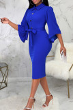 Blue Casual Elegant Solid Patchwork Slit Turndown Collar One Step Skirt Dresses