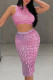 Pink Sexy Print Slit O Neck Sleeveless Two Pieces