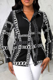 Black Casual Print Patchwork Buckle Turndown Collar Tops