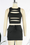 Red Sexy Solid Hollowed Out Patchwork O Neck Sleeveless Two Pieces