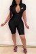 Black Casual Print Letter Zipper Collar Rompers