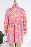 Red Casual Print Patchwork Buckle Turndown Collar Shirt Dress Dresses
