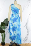 Blue Street Print Patchwork Fold Asymmetrical Oblique Collar Straight Dresses