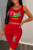Red Casual Print Letter U Neck Sleeveless Two Pieces