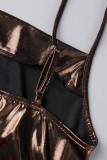 Brownness Sexy Solid Draw String Frenulum Backless Spaghetti Strap Sleeveless Dress Dresses