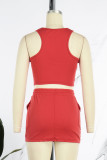 Red Sexy Solid Hollowed Out Patchwork O Neck Sleeveless Two Pieces
