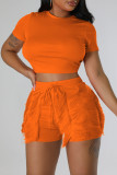 Orange Casual Solid Tassel Patchwork O Neck Short Sleeve Two Pieces