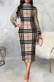 Blue Casual Elegant Print Patchwork O Neck One Step Skirt Dresses