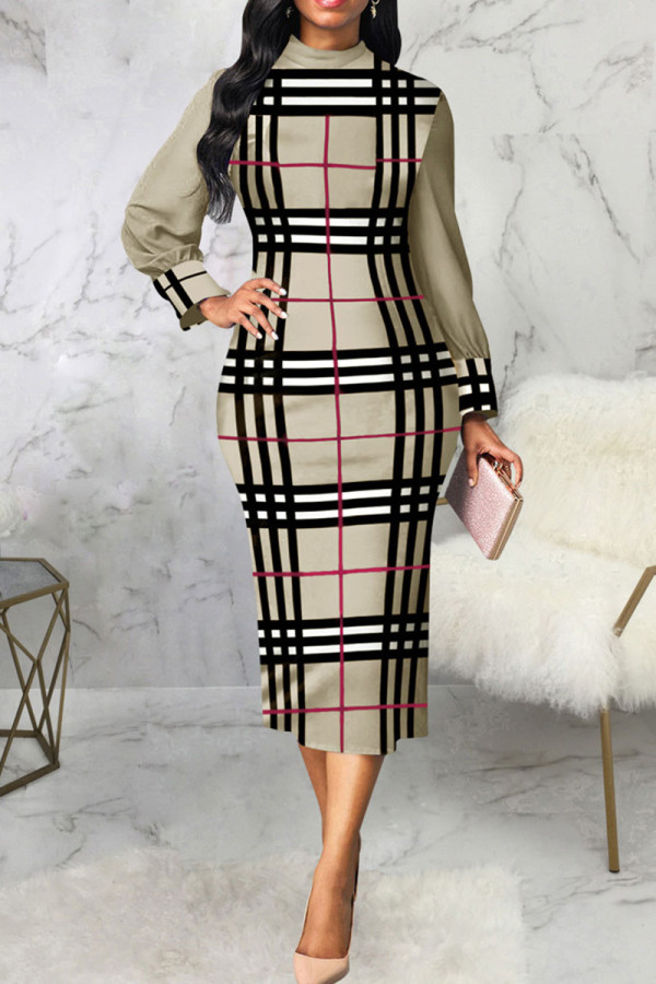 Silver Gray Casual Elegant Print Patchwork O Neck One Step Skirt Dresses