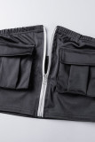 Dark Khaki Street Patchwork Pocket Zipper Strapless Sleeveless Two Pieces