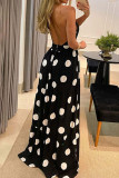 Coffee Casual Sweet Print Polka Dot Patchwork Backless Halter Straight Dresses
