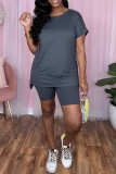 Light Yellow Casual Solid Basic O Neck Short Sleeve Two Pieces