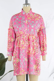 Red Casual Print Patchwork Buckle Turndown Collar Shirt Dress Dresses
