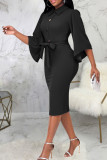 Blue Casual Elegant Solid Patchwork Slit Turndown Collar One Step Skirt Dresses