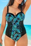 Red Sexy Print Patchwork Backless Spaghetti Strap Plus Size Swimwear (With Paddings)