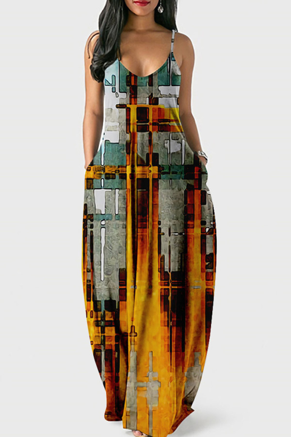 Yellow Casual Print Patchwork Spaghetti Strap Sling Dress Dresses