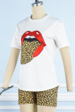 Leopard Print Casual Print Camouflage Print Patchwork O Neck Short Sleeve Two Pieces