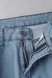 Light Blue Sexy Street Solid Ripped Bandage Hollowed Out Patchwork High Waist Denim Jeans