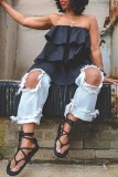 Rose Red Sexy Casual Solid Patchwork Backless Strapless Tops