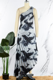 Black Street Print Patchwork Fold Asymmetrical Oblique Collar Straight Dresses