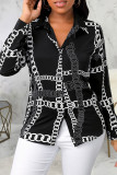 Black Casual Print Patchwork Buckle Turndown Collar Tops