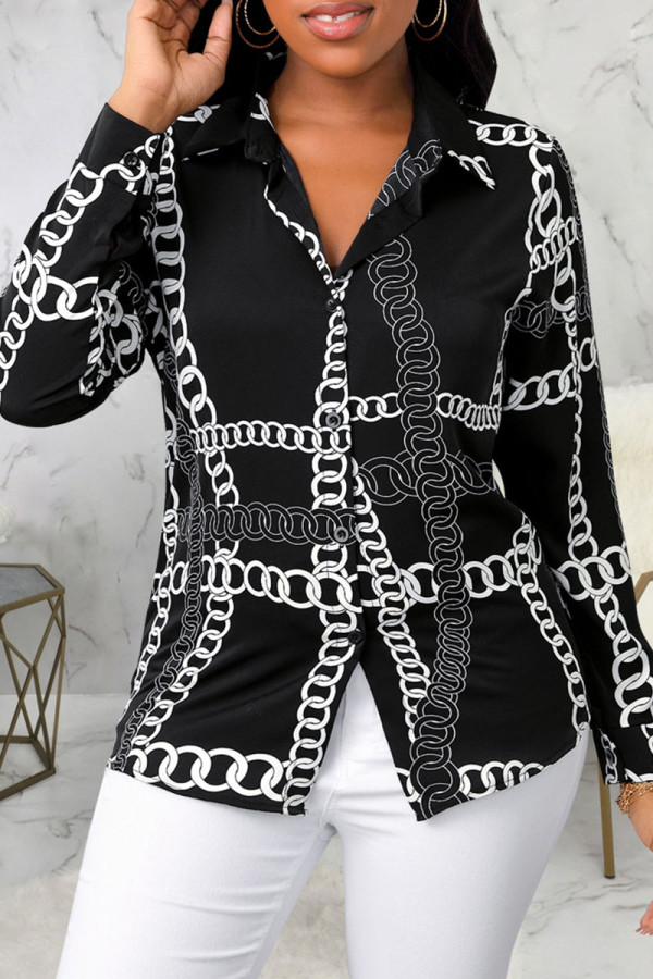 Black Casual Print Patchwork Buckle Turndown Collar Tops