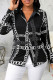 Black Casual Print Patchwork Buckle Turndown Collar Tops