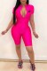 Rose Red Casual Print Letter Zipper Collar Rompers