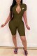 Army Green Casual Print Letter Zipper Collar Rompers