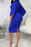 Blue Casual Elegant Solid Patchwork Slit Turndown Collar One Step Skirt Dresses