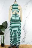 Red Casual Striped Print Patchwork Flounce O Neck Sleeveless Two Pieces