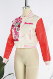 Red White Casual Print Patchwork O Neck Outerwear