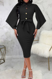 Blue Casual Elegant Solid Patchwork Slit Turndown Collar One Step Skirt Dresses